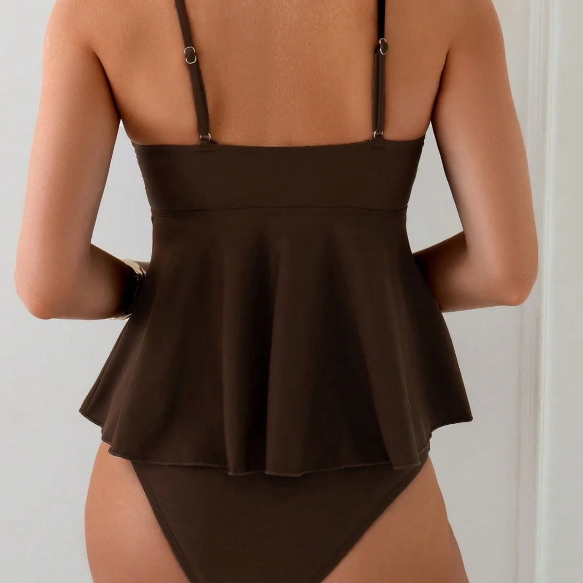 New Hot Sale of the Season Metal Shell Pure Color Separate Tankini Swimsuit Adjustable Shoulder Strap Women'S Home Fashion Hi...