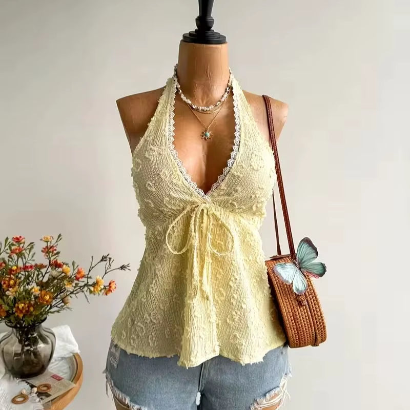 Women'S Summer V-Neck Lace up Exposed Neck and Backless Casual Vacation Topboho Easter Beach Clothing Hawaii Coachella Music Fes