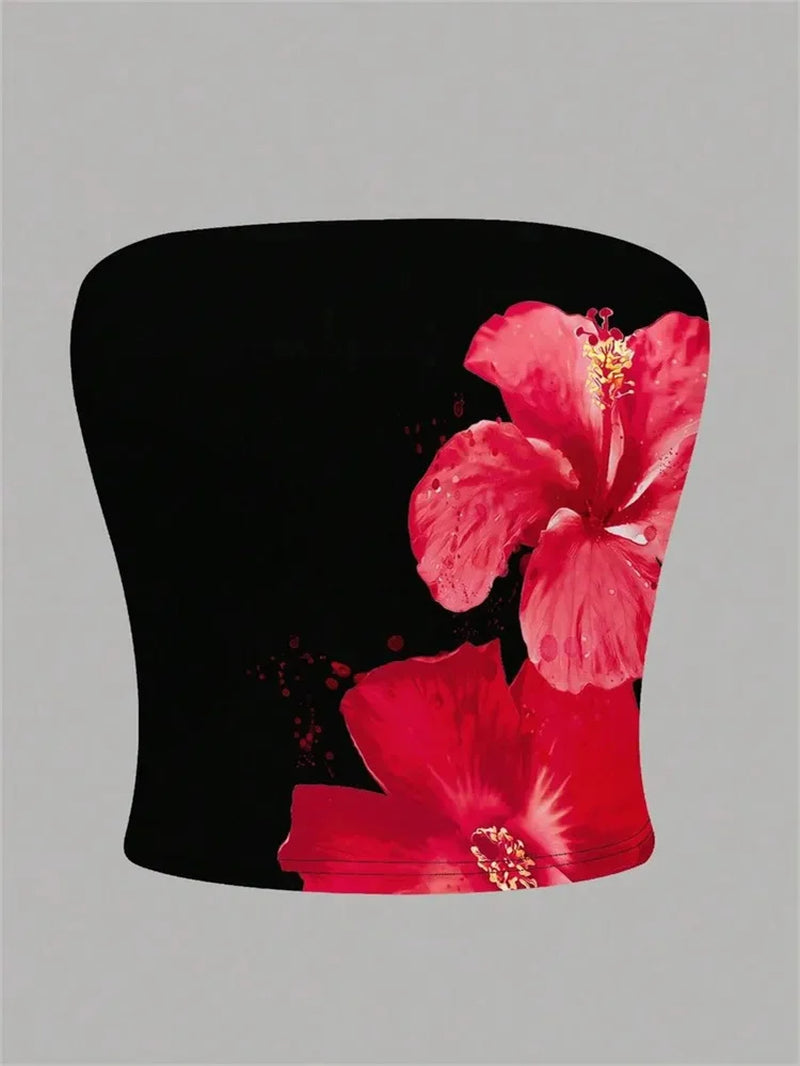 Women'S Floral Printed Tube Top Summer Sexy off the Shoulder Crop Top Streetwear