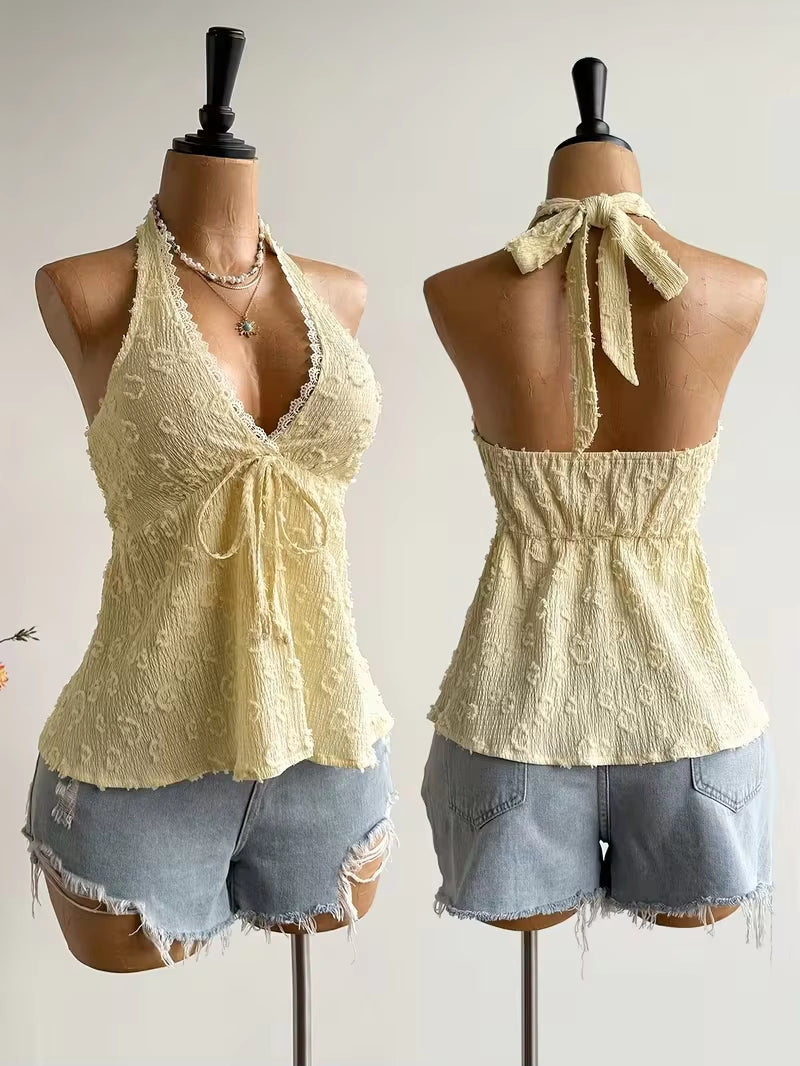 Women'S Summer V-Neck Lace up Exposed Neck and Backless Casual Vacation Topboho Easter Beach Clothing Hawaii Coachella Music Fes