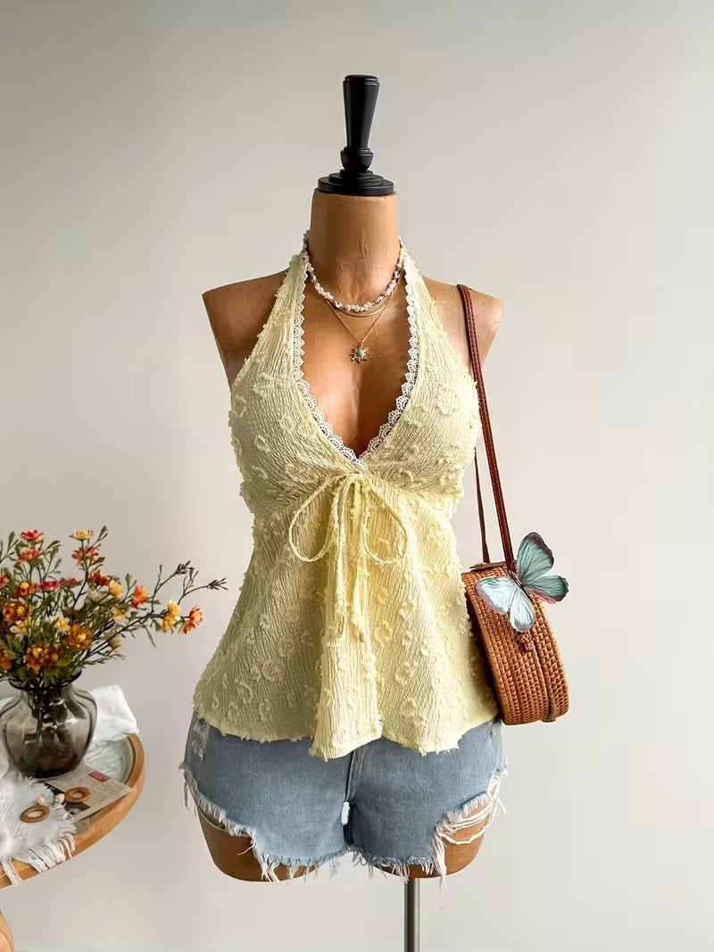 Women'S Summer V-Neck Lace up Exposed Neck and Backless Casual Vacation Topboho Easter Beach Clothing Hawaii Coachella Music Fes